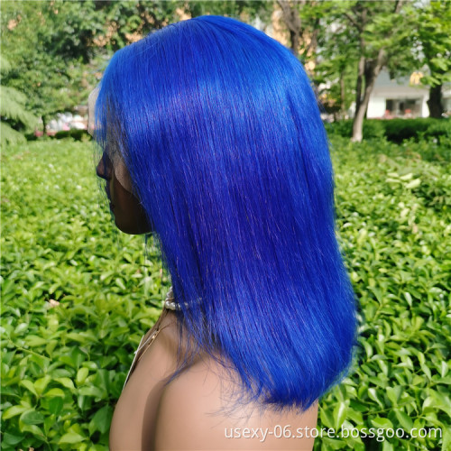 Wholesale human hair short wigs with free shiping preplucked frontal blue bob wigs closure front lace wig human hair